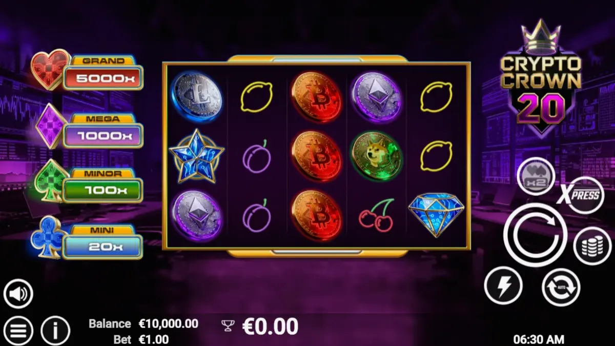 Tampilan visual slot Crypto Crown 20 dengan tema neon futuristik dan simbol kripto.