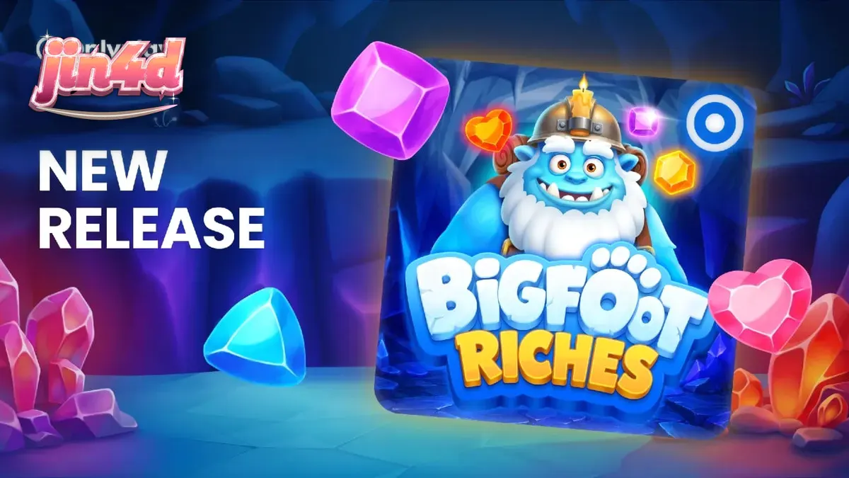 Pemandangan hutan bersalju dengan elemen kristal dan jejak kaki Bigfoot dalam slot Bigfoot Riches