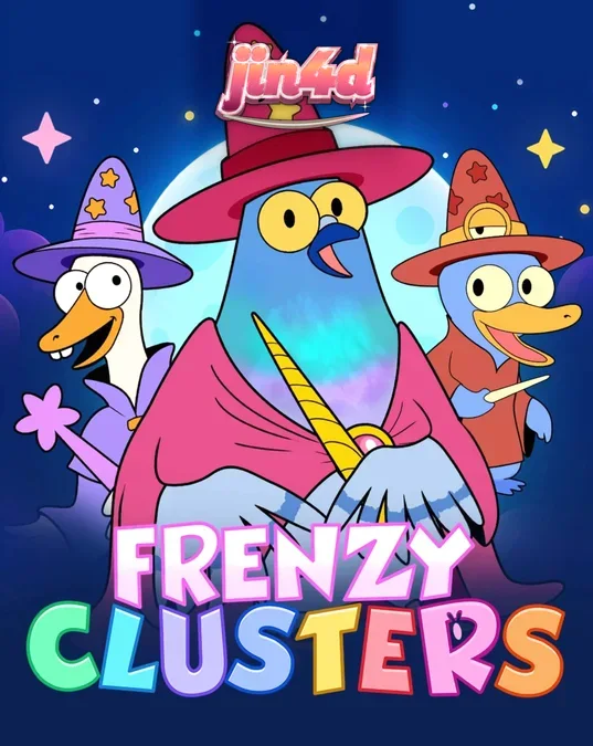 Tampilan layar permainan slot Frenzy Clusters dengan karakter pahlawan dan grid 7x7